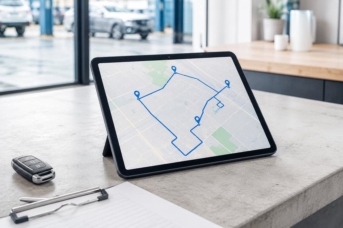 引取・納車のルートが青い線で描かれた地図を表示するタブレットと、車の鍵