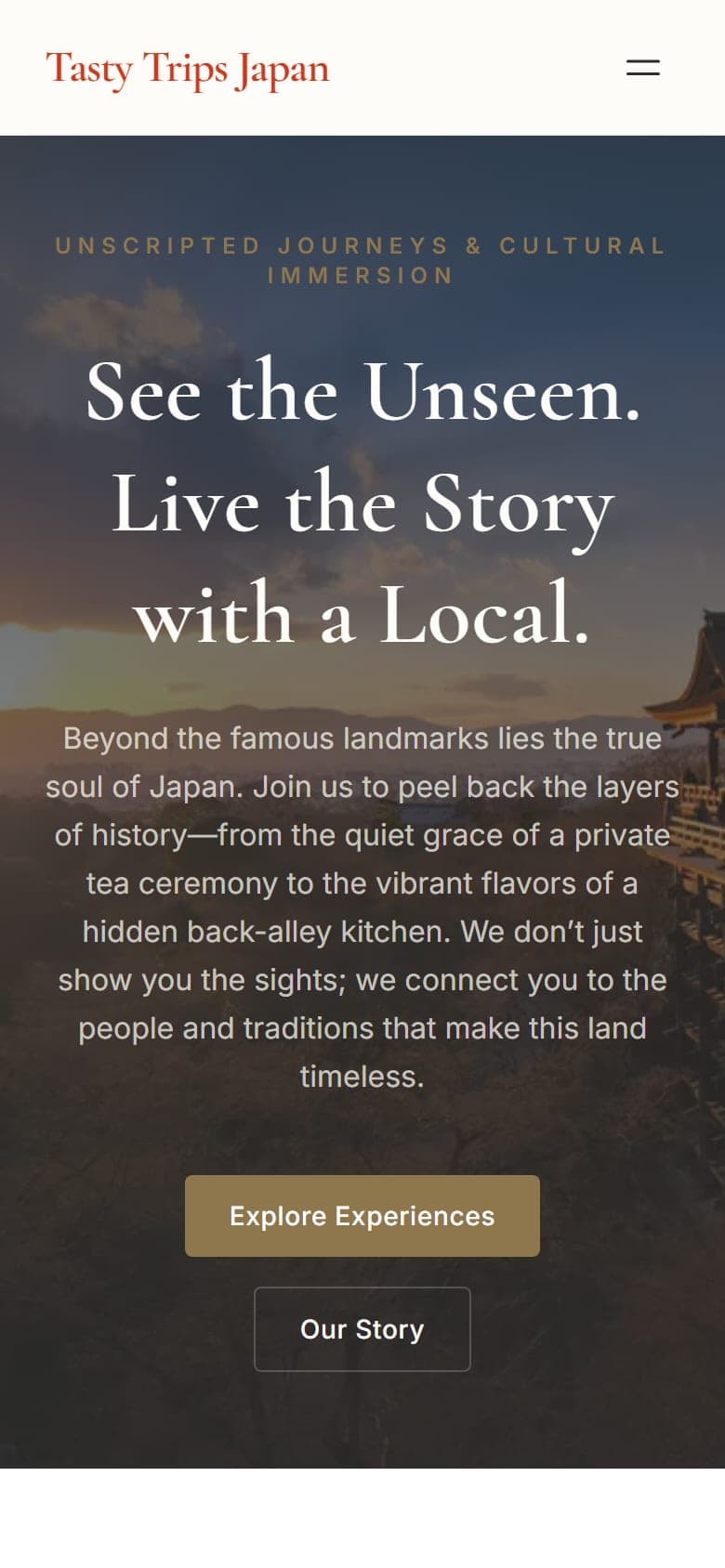 Tasty Trips Japan のトップページをスマートフォンで表示した画面